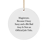 Magistrate Gifts from Friends, Circle Ornament Funny Quote for Christmas Unique Gifts, 'Magistrate. Because Classy Sassy And A Bit Fearlessy Is Not An Official Job Title.' - Image 1